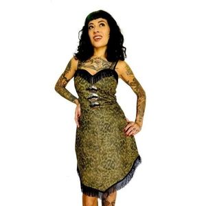 NWT Switchblade Stilletto Dolly Concho Fringe Green Leopard Dress